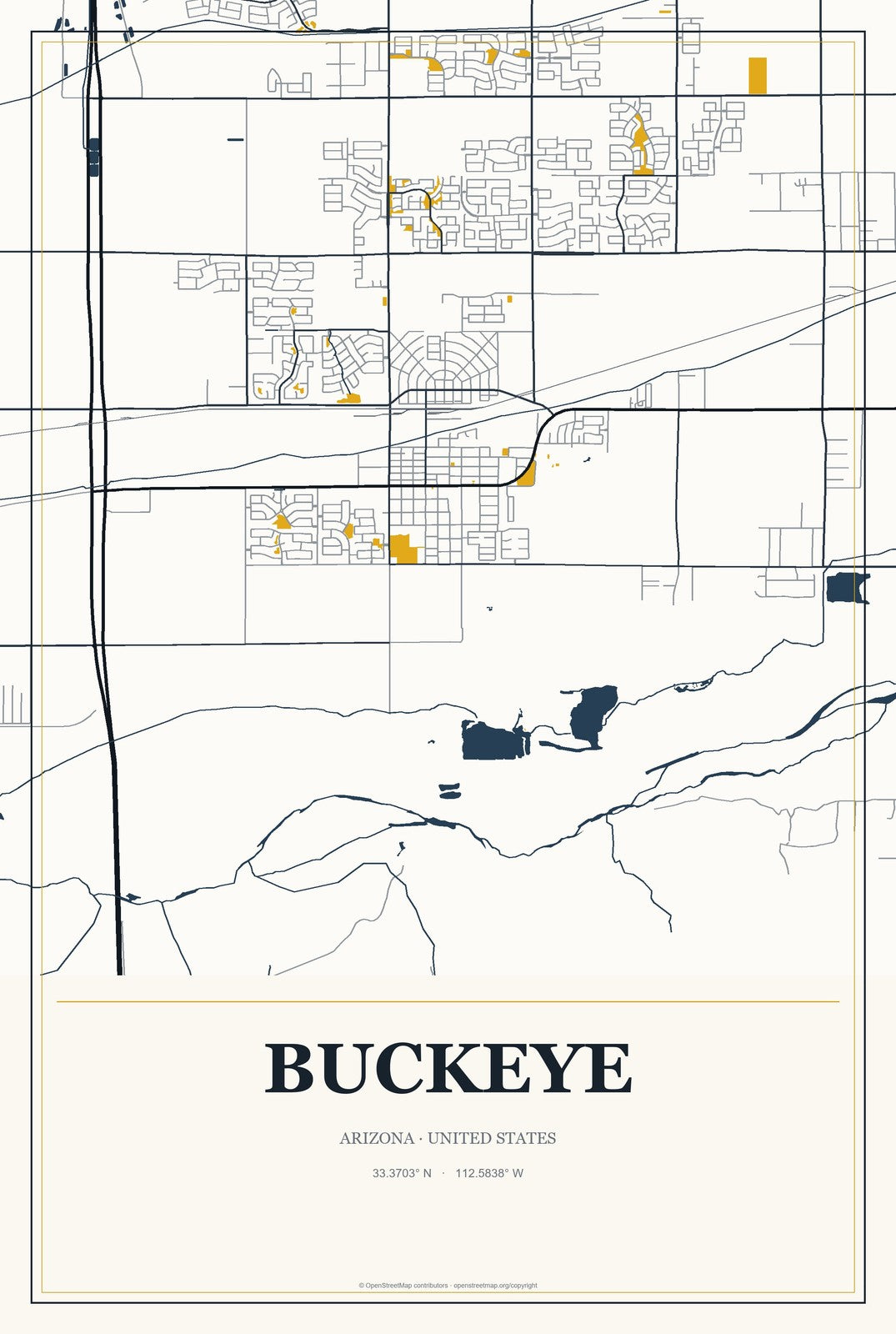 Buckeye, Arizona City Map Aluminum Sign in Citrine Modern style