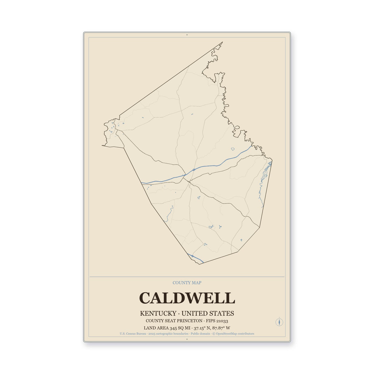 Caldwell County, Kentucky Map Aluminum Sign in Heritage Nautical style