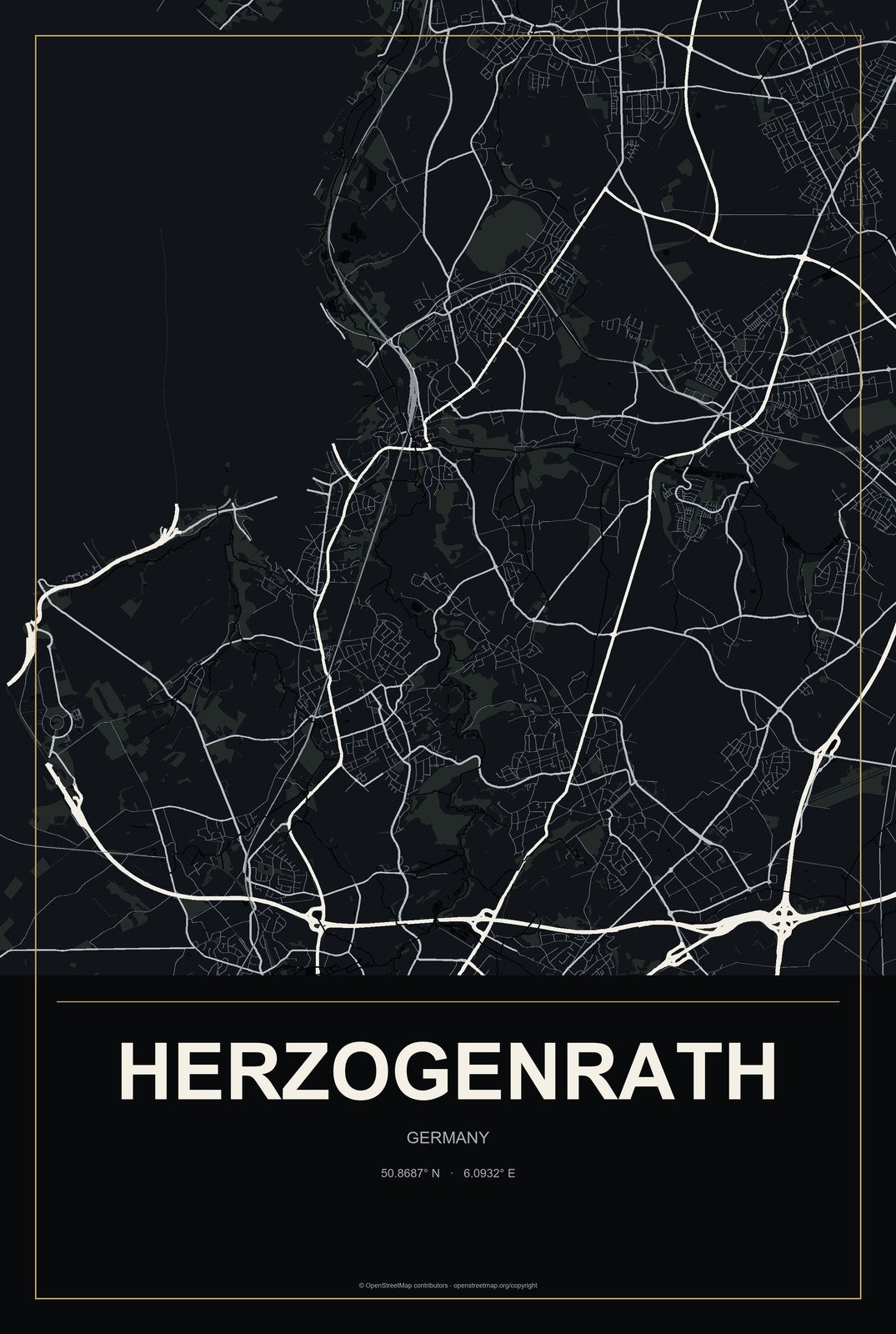 Herzogenrath, Germany City Map Aluminum Sign in Metropolitan Noir style