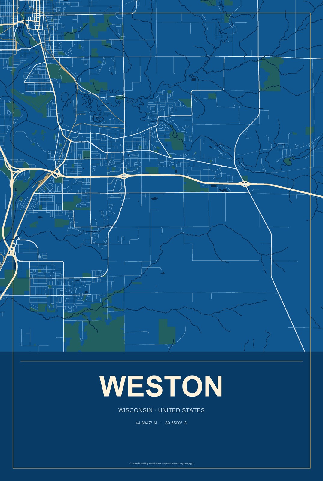 Weston, Wisconsin City Map Aluminum Sign in Harbor Cobalt style