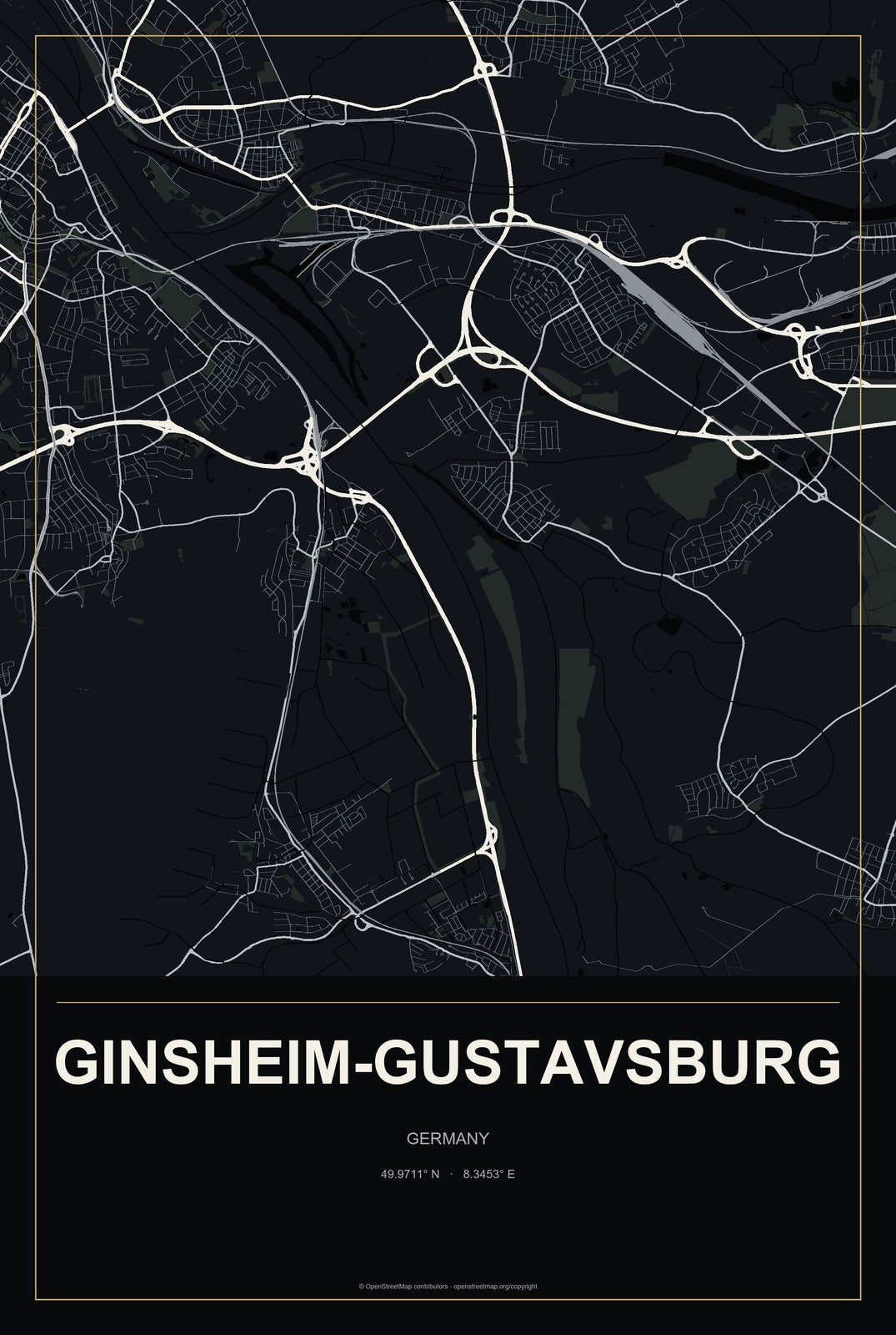 Ginsheim-Gustavsburg, Germany City Map Aluminum Sign in Metropolitan Noir style