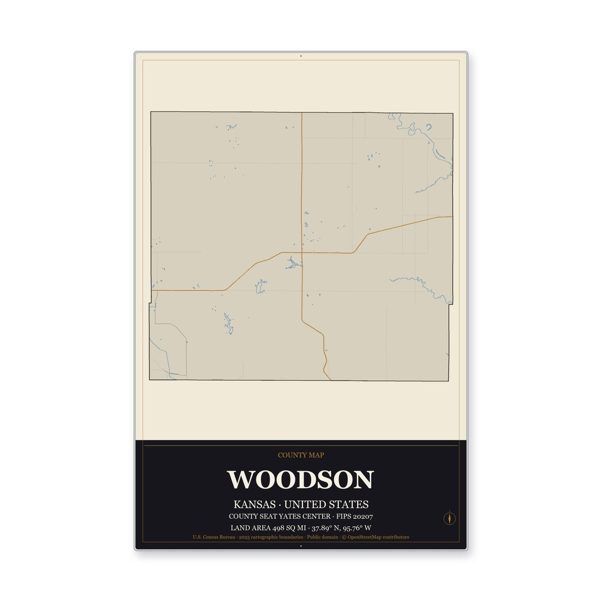 Woodson County, Kansas Map Aluminum Sign in Museum Plaque style
