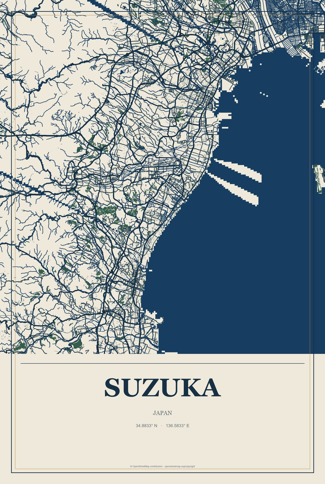 Suzuka, Japan City Map Aluminum Sign in Coastal Cutout style