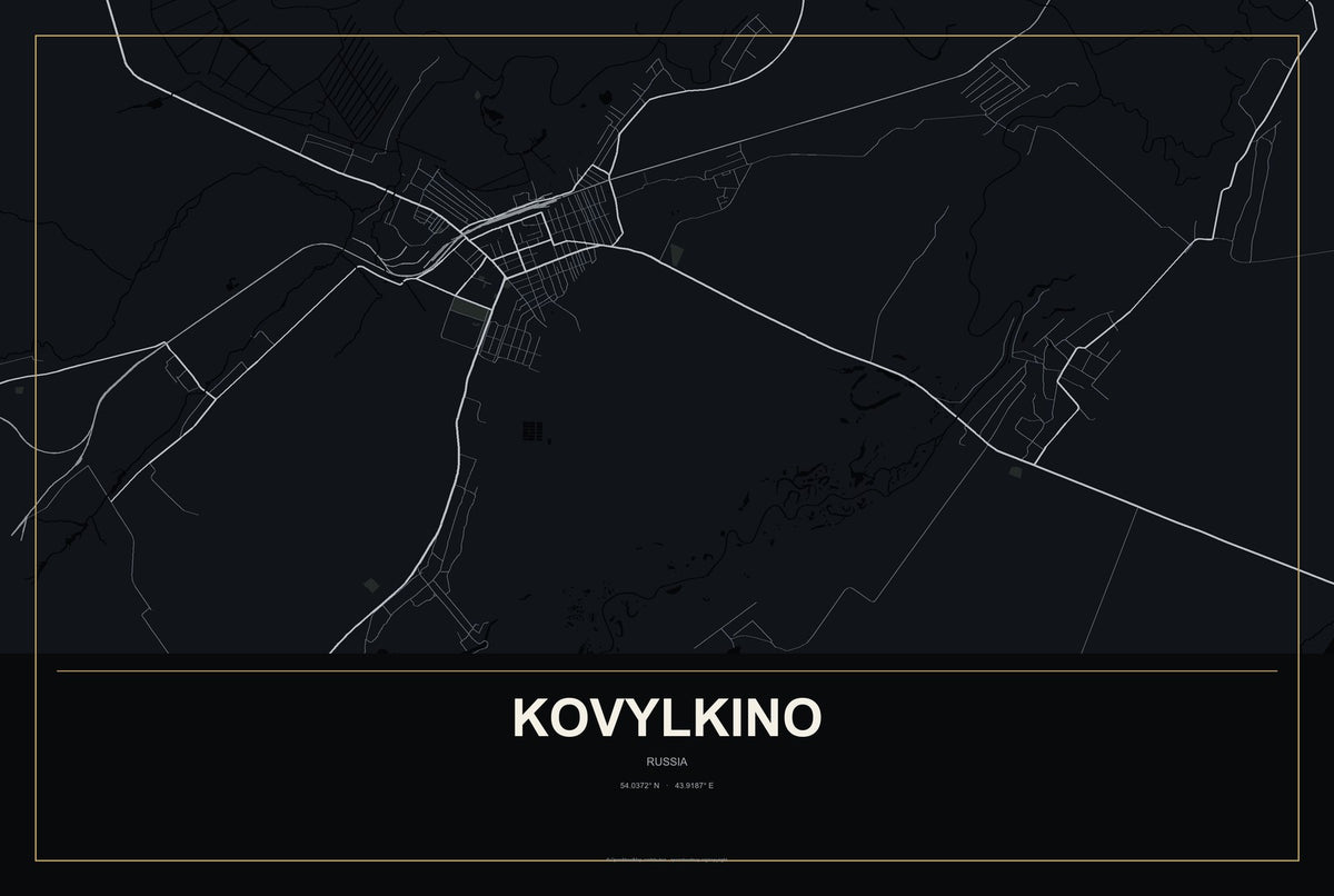 Kovylkino, Russia City Map Aluminum Sign in Metropolitan Noir style