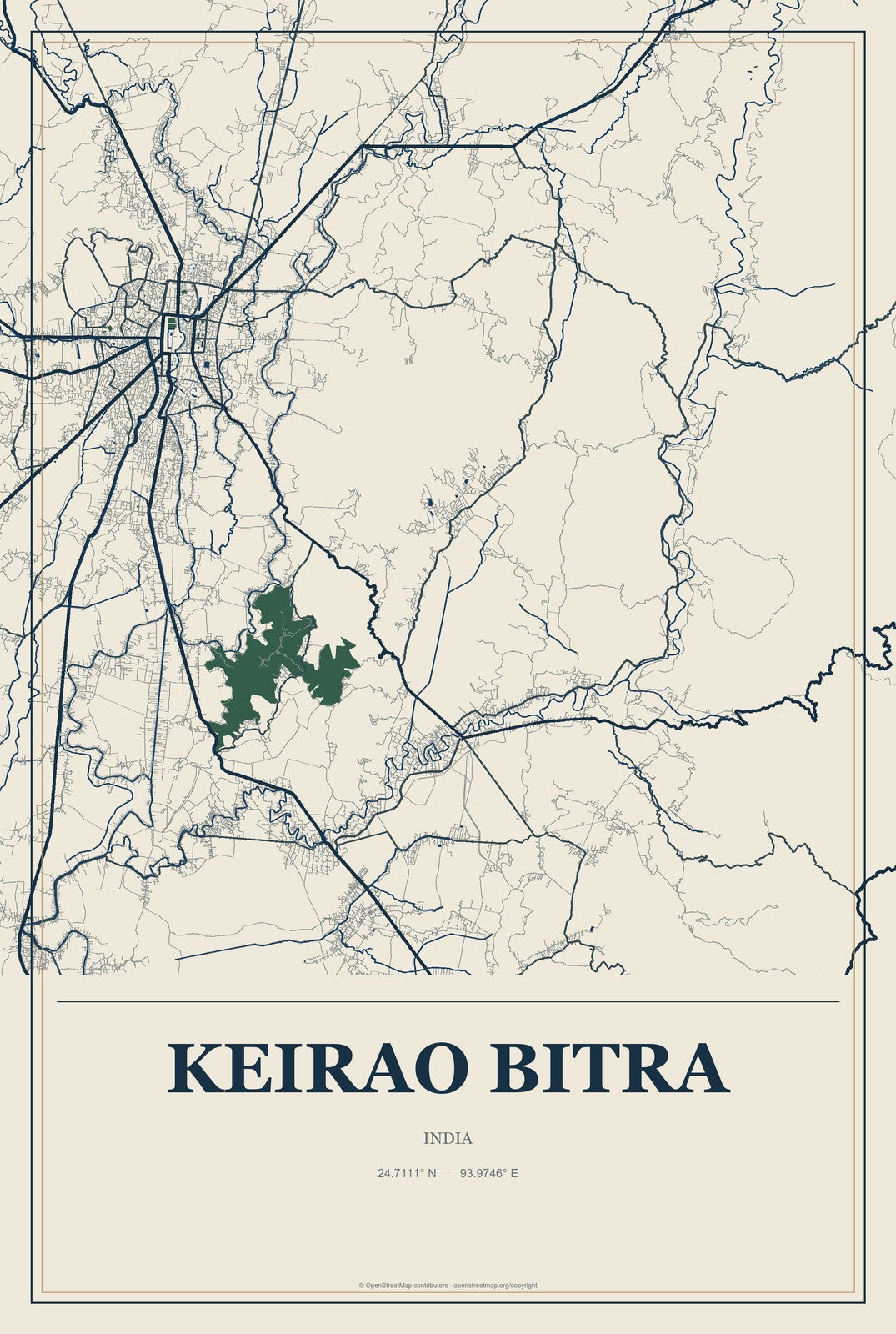 Keirao Bitra, India City Map Aluminum Sign in Coastal Cutout style