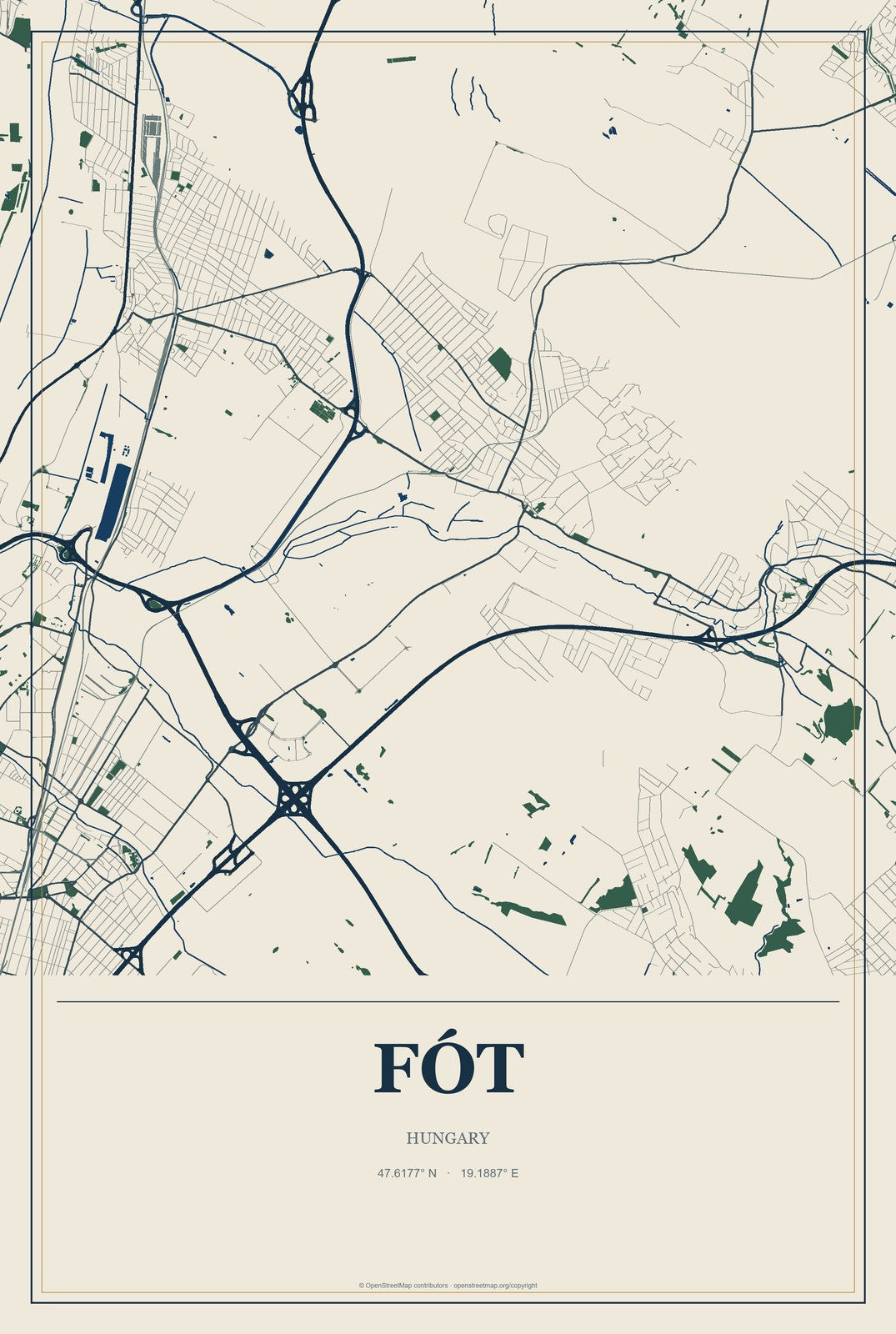Fót, Hungary City Map Aluminum Sign in Coastal Cutout style
