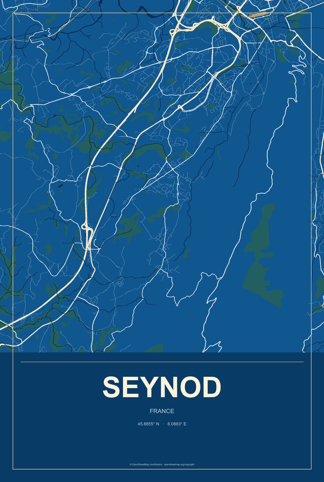 Seynod, France City Map Aluminum Sign in Harbor Cobalt style