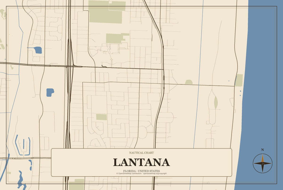 Lantana, Florida City Map Aluminum Sign in Heritage Nautical style