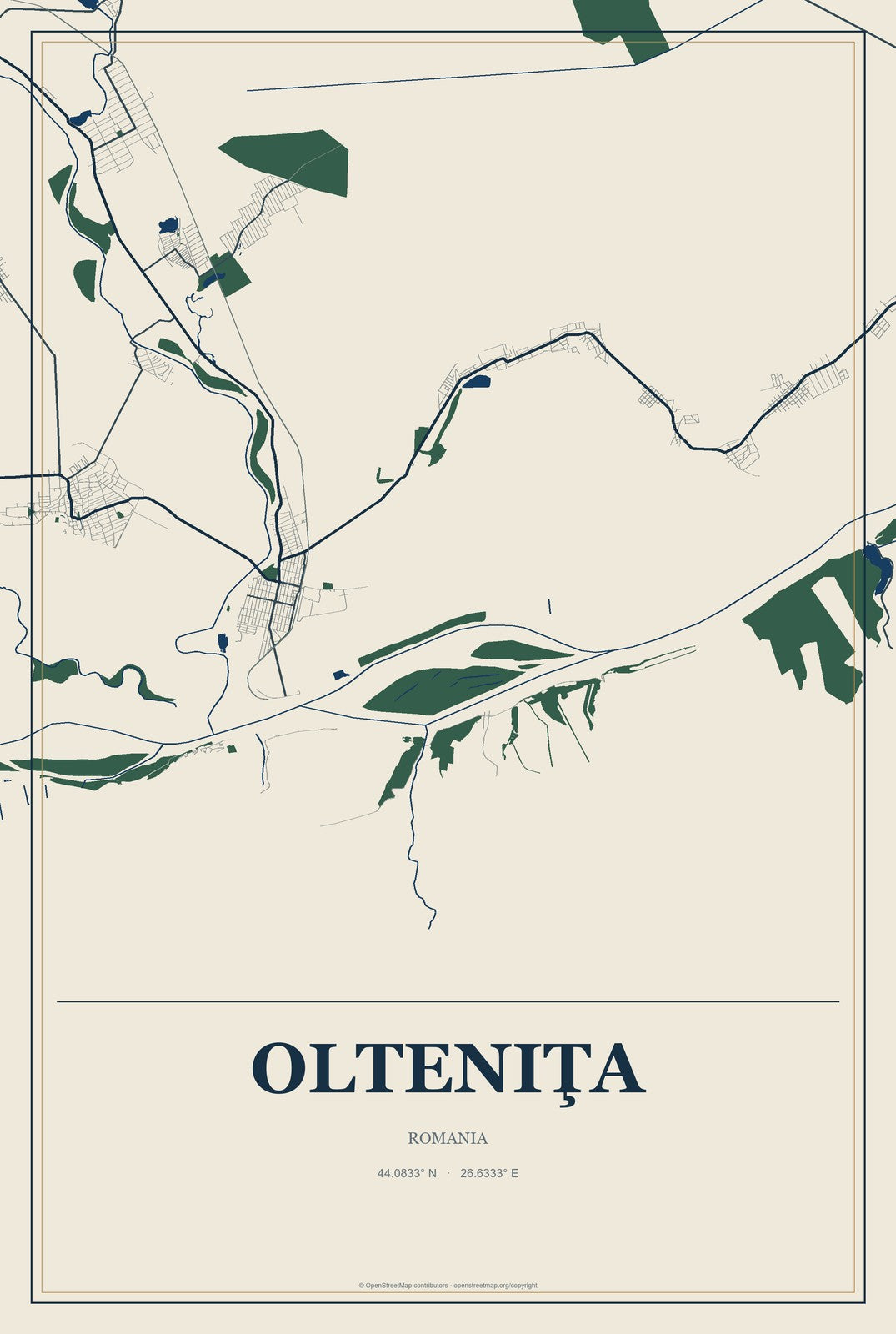 Olteniţa, Romania City Map Aluminum Sign in Coastal Cutout style