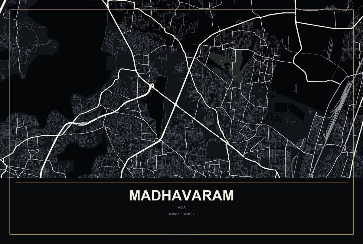 Madhavaram, India City Map Aluminum Sign in Metropolitan Noir style