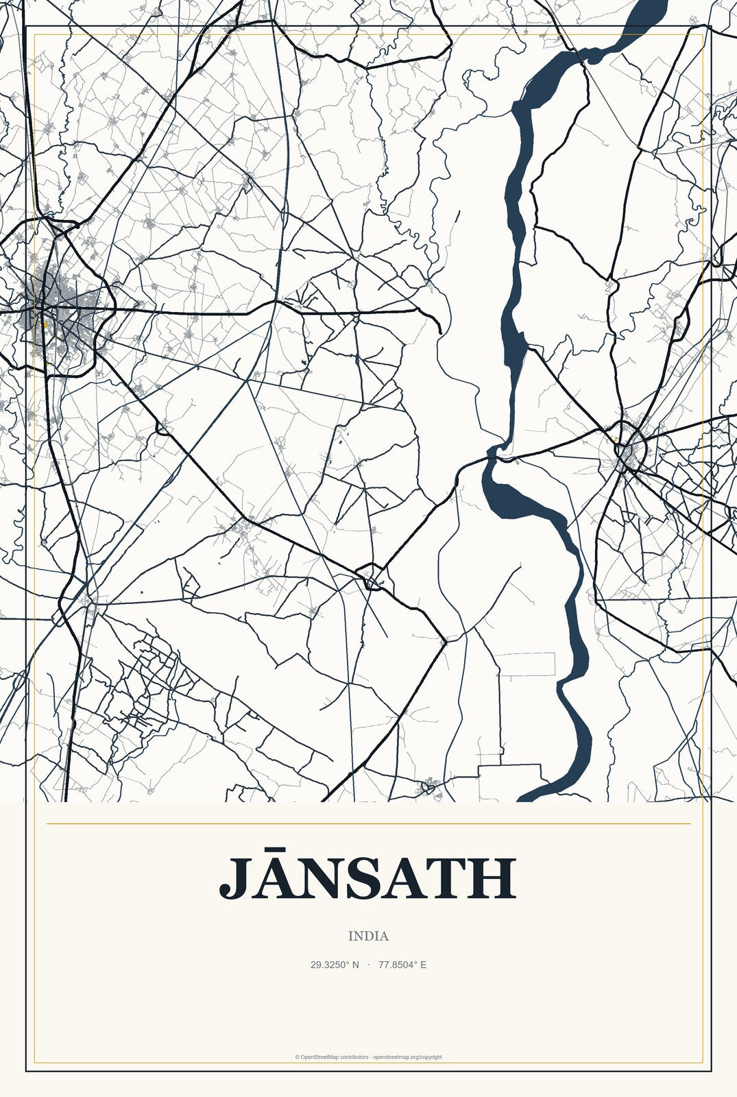 Jānsath, India City Map Aluminum Sign in Citrine Modern style