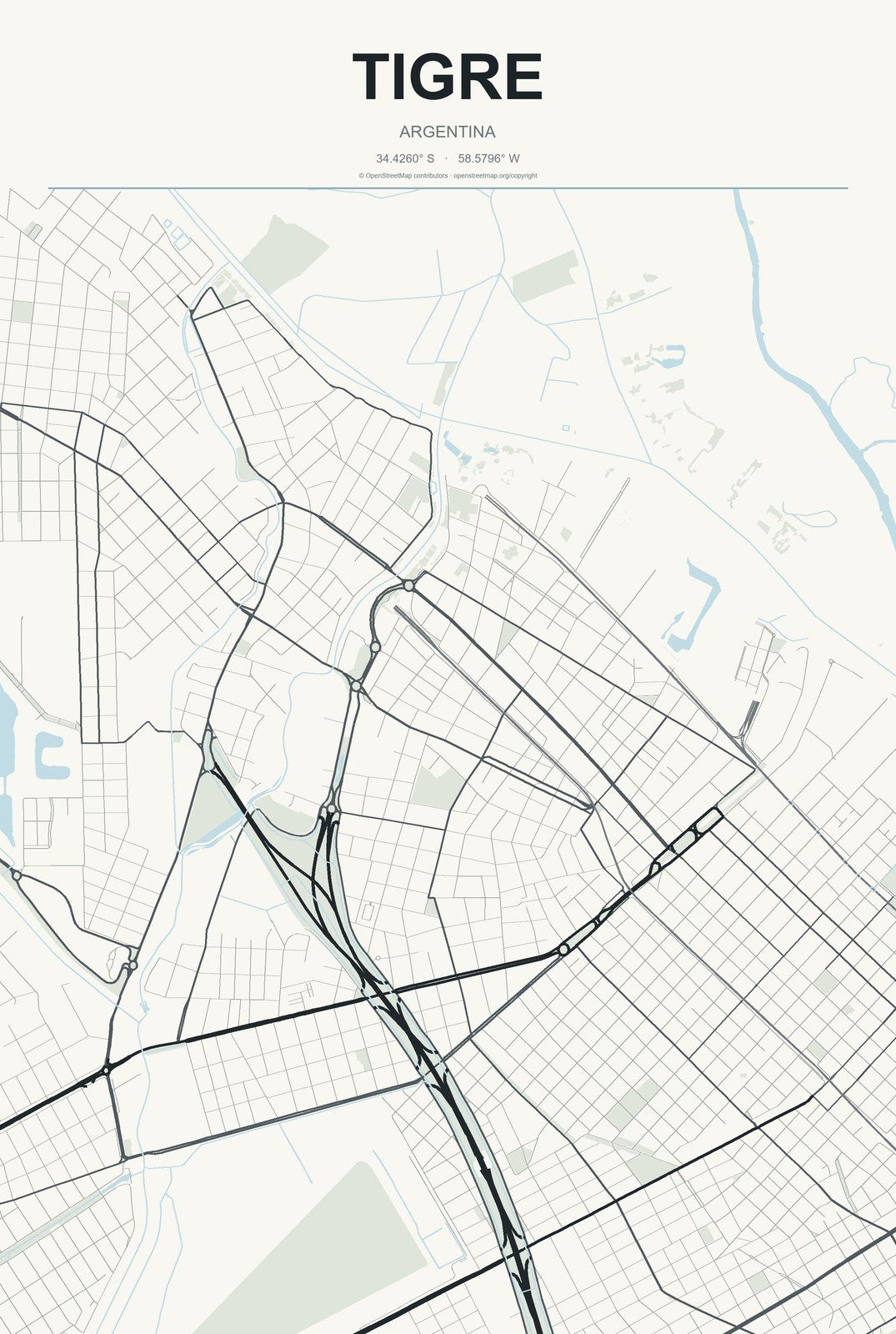 Tigre, Argentina City Map Aluminum Sign in Headline Atlas style