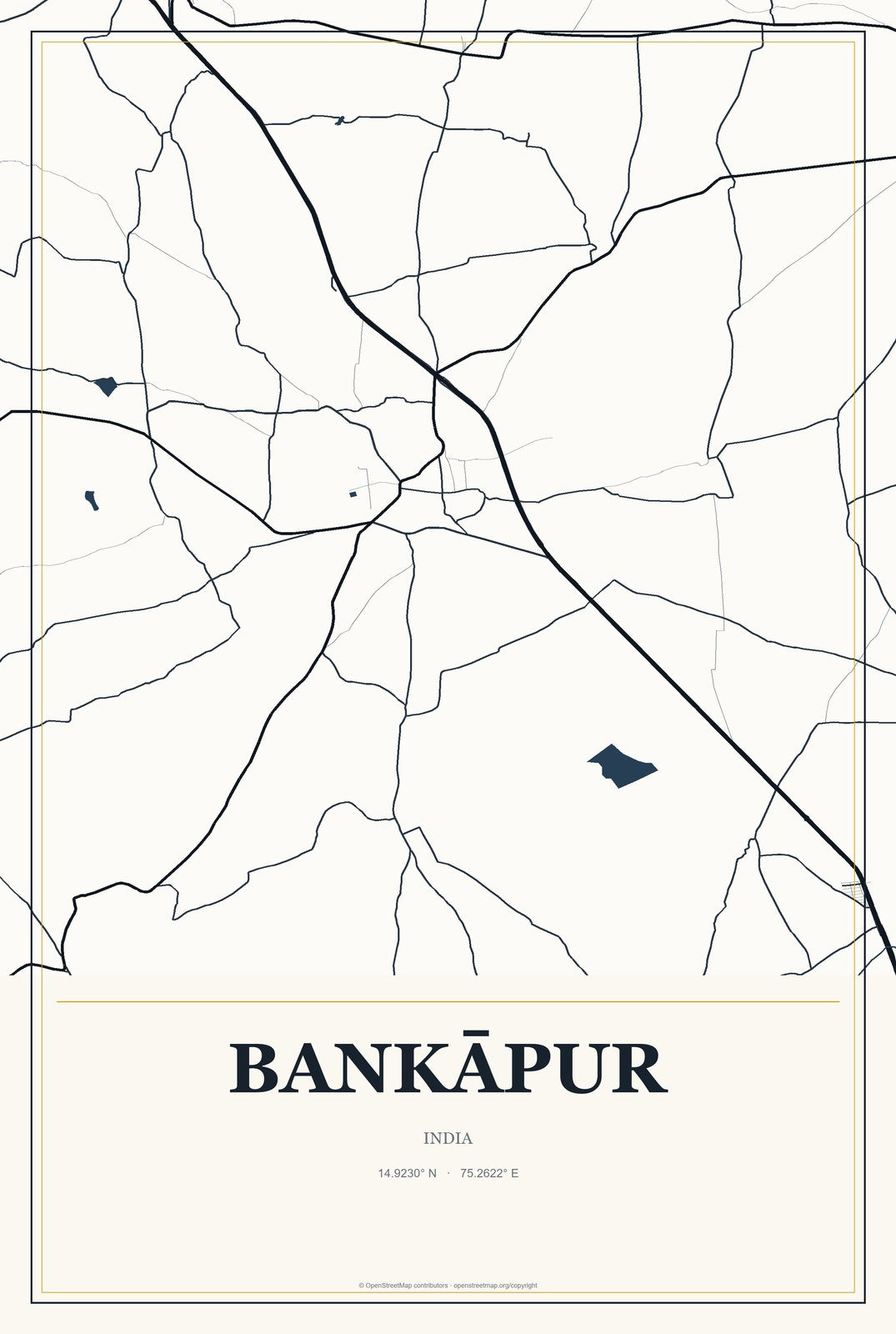 Bankāpur, India City Map Aluminum Sign in Citrine Modern style