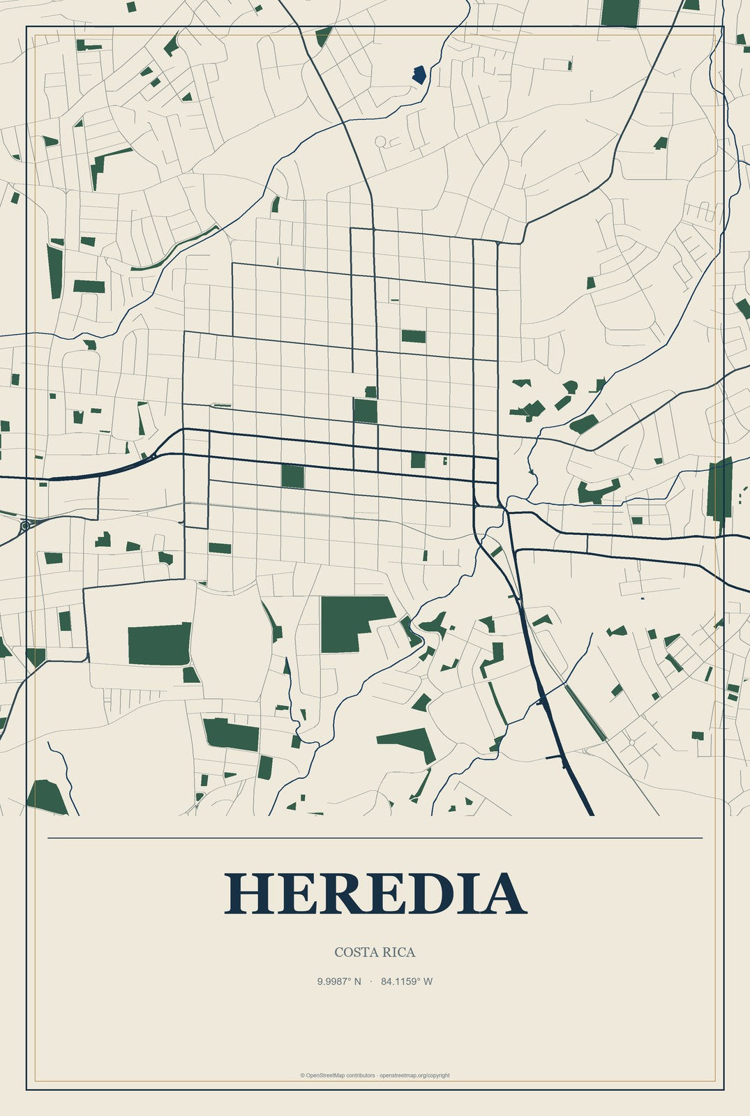 Heredia, Costa Rica City Map Aluminum Sign in Coastal Cutout style