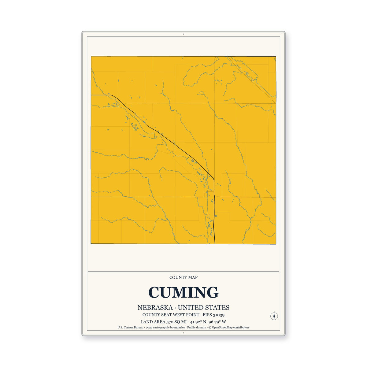 Cuming County, Nebraska Map Aluminum Sign in Citrine Modern style