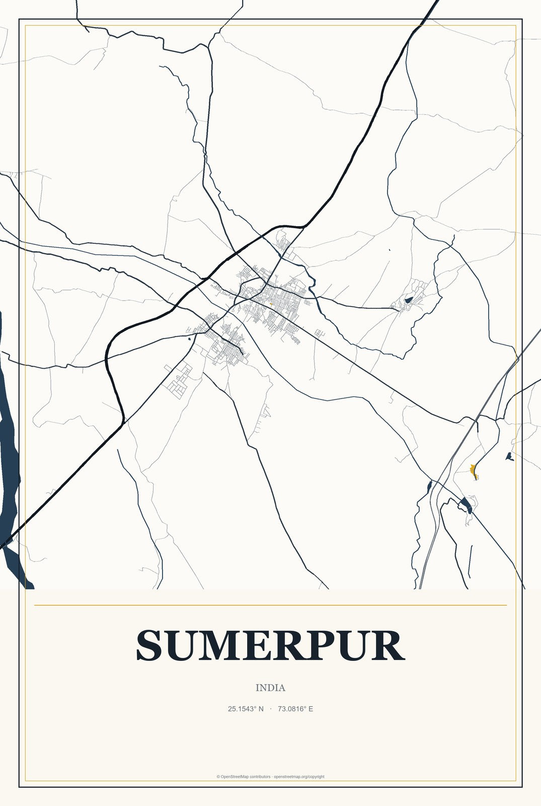 Sumerpur, India City Map Aluminum Sign in Citrine Modern style