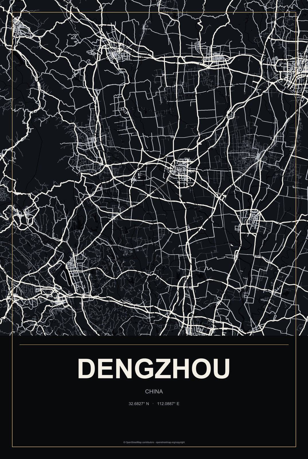 Dengzhou, Henan, China City Map Aluminum Sign in Metropolitan Noir style