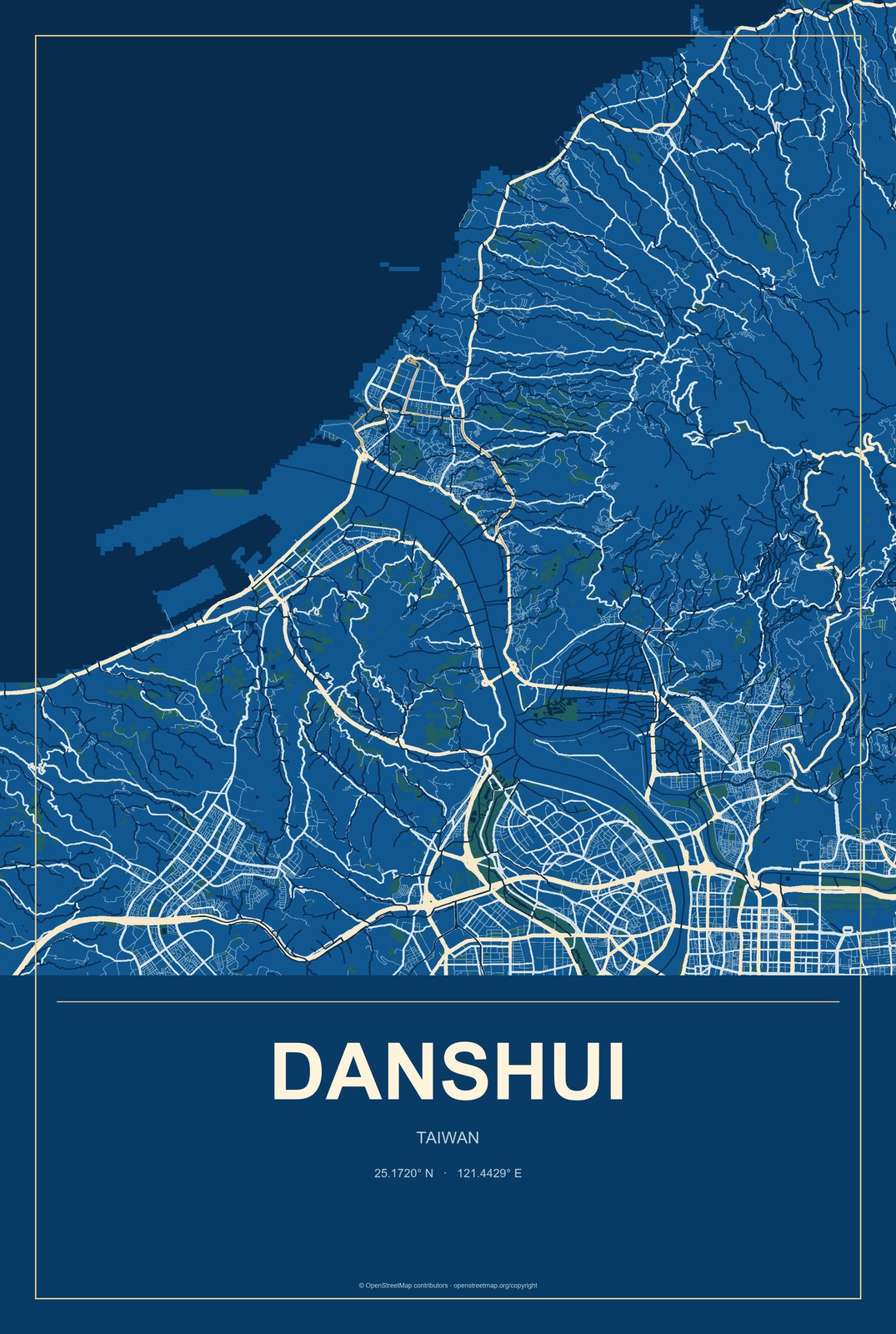 Danshui, Taiwan City Map Aluminum Sign in Harbor Cobalt style