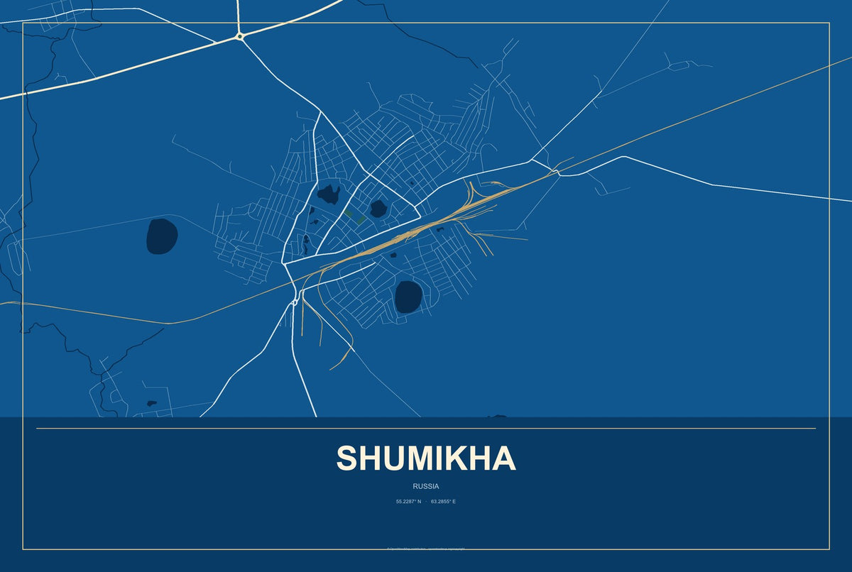 Shumikha, Russia City Map Aluminum Sign in Harbor Cobalt style
