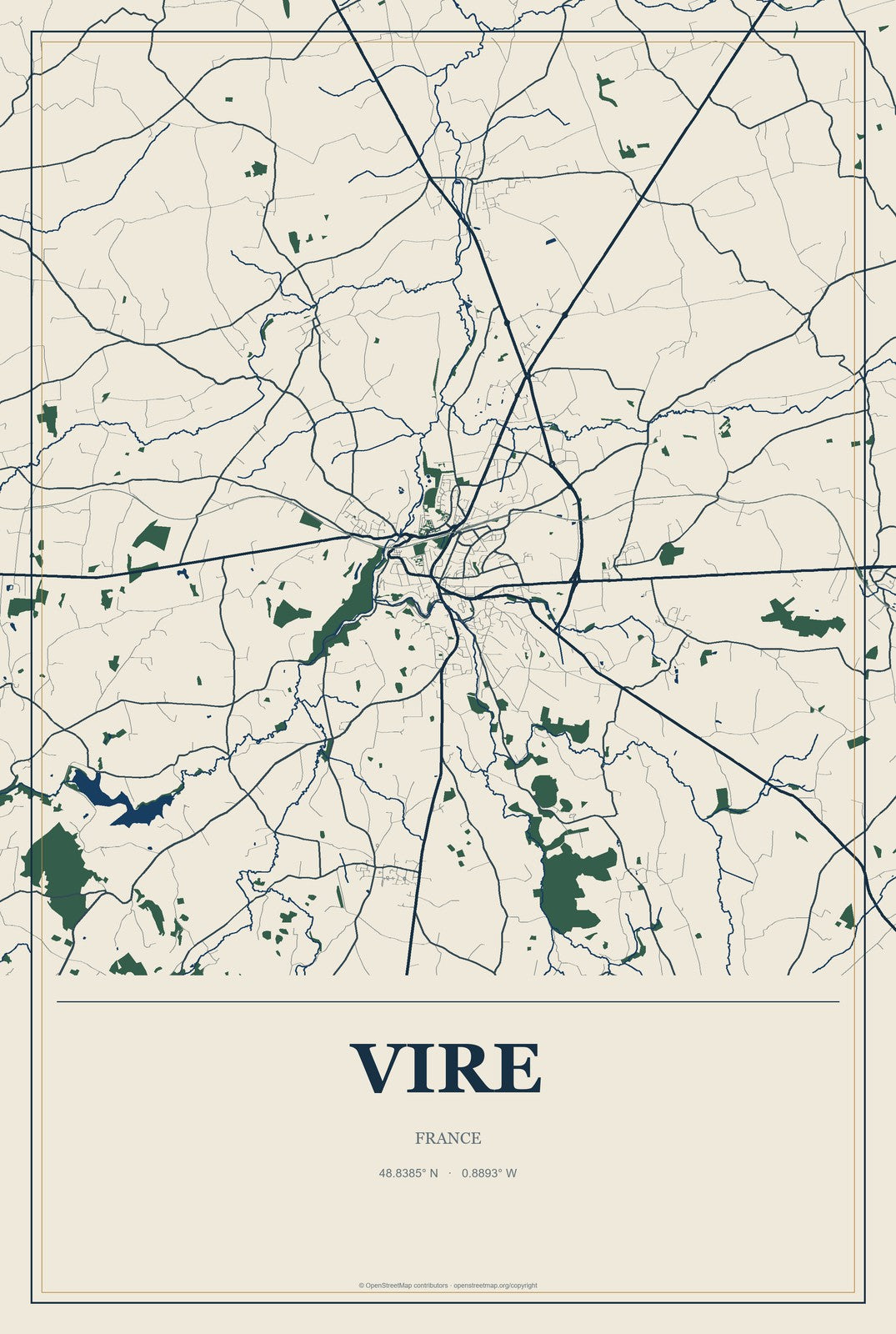 Vire, France City Map Aluminum Sign in Coastal Cutout style