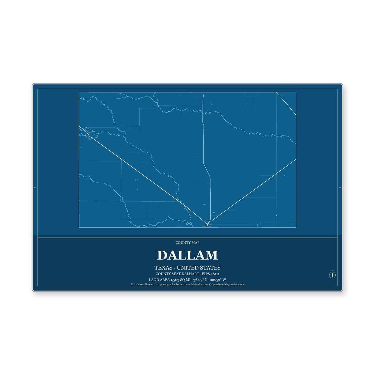 Dallam County, Texas Map Aluminum Sign in Harbor Cobalt style