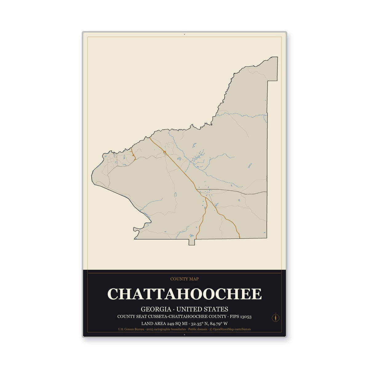 Chattahoochee County, Georgia Map Aluminum Sign in Museum Plaque style