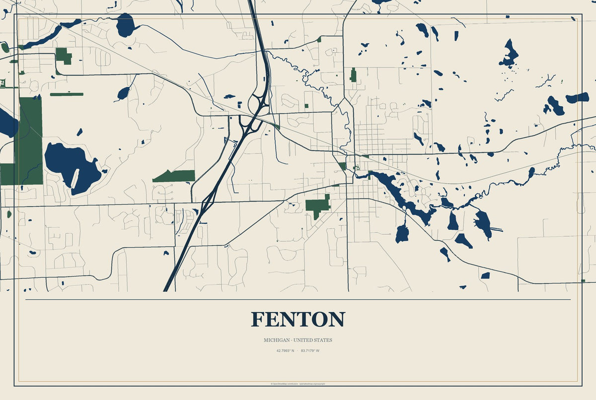 Fenton, Michigan City Map Aluminum Sign in Coastal Cutout style