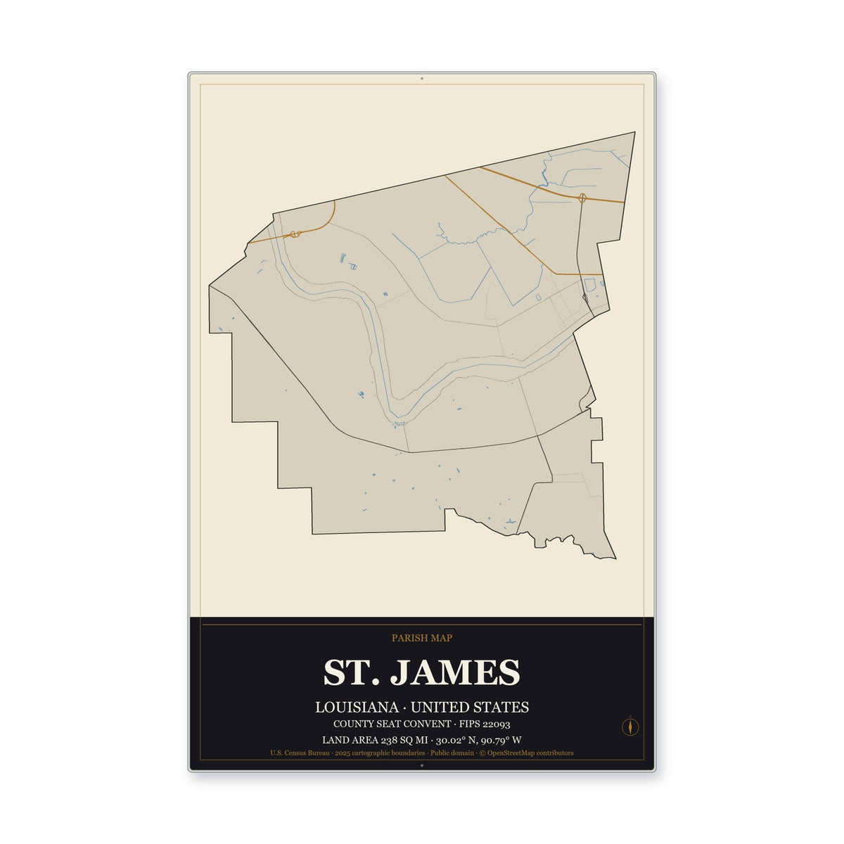 St. James Parish, Louisiana Map Aluminum Sign in Museum Plaque style