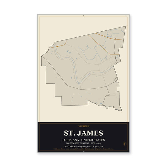 St. James Parish, Louisiana Map Aluminum Sign in Museum Plaque style