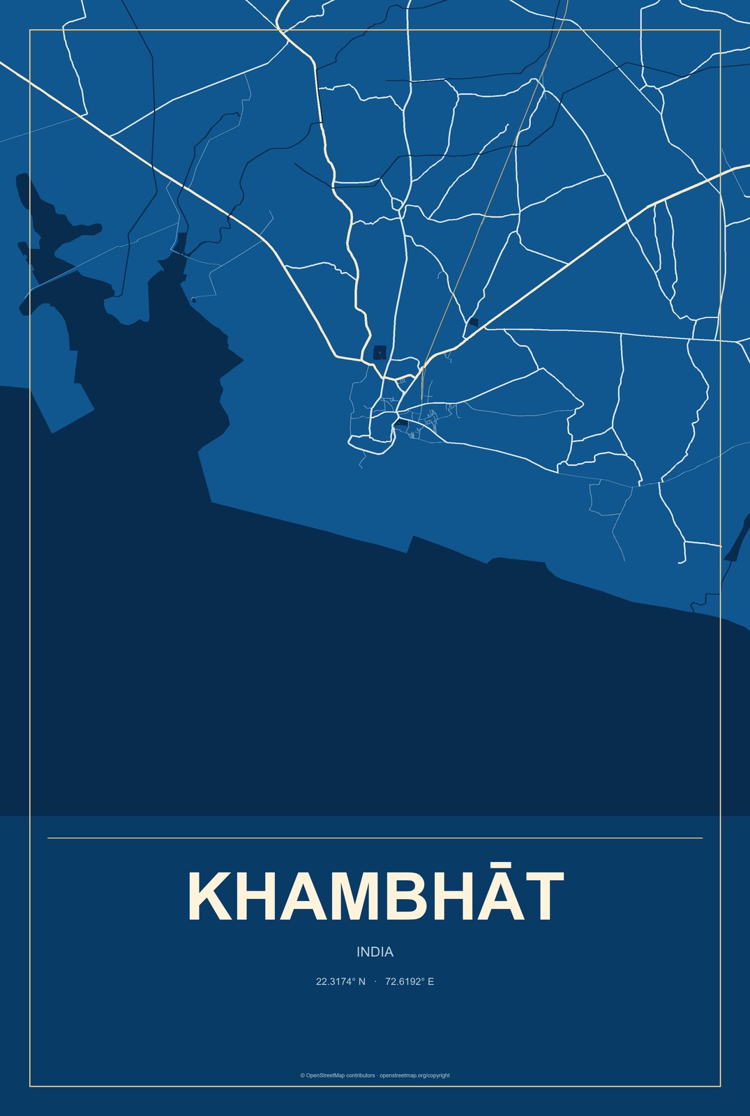 Khambhāt, India City Map Aluminum Sign in Harbor Cobalt style