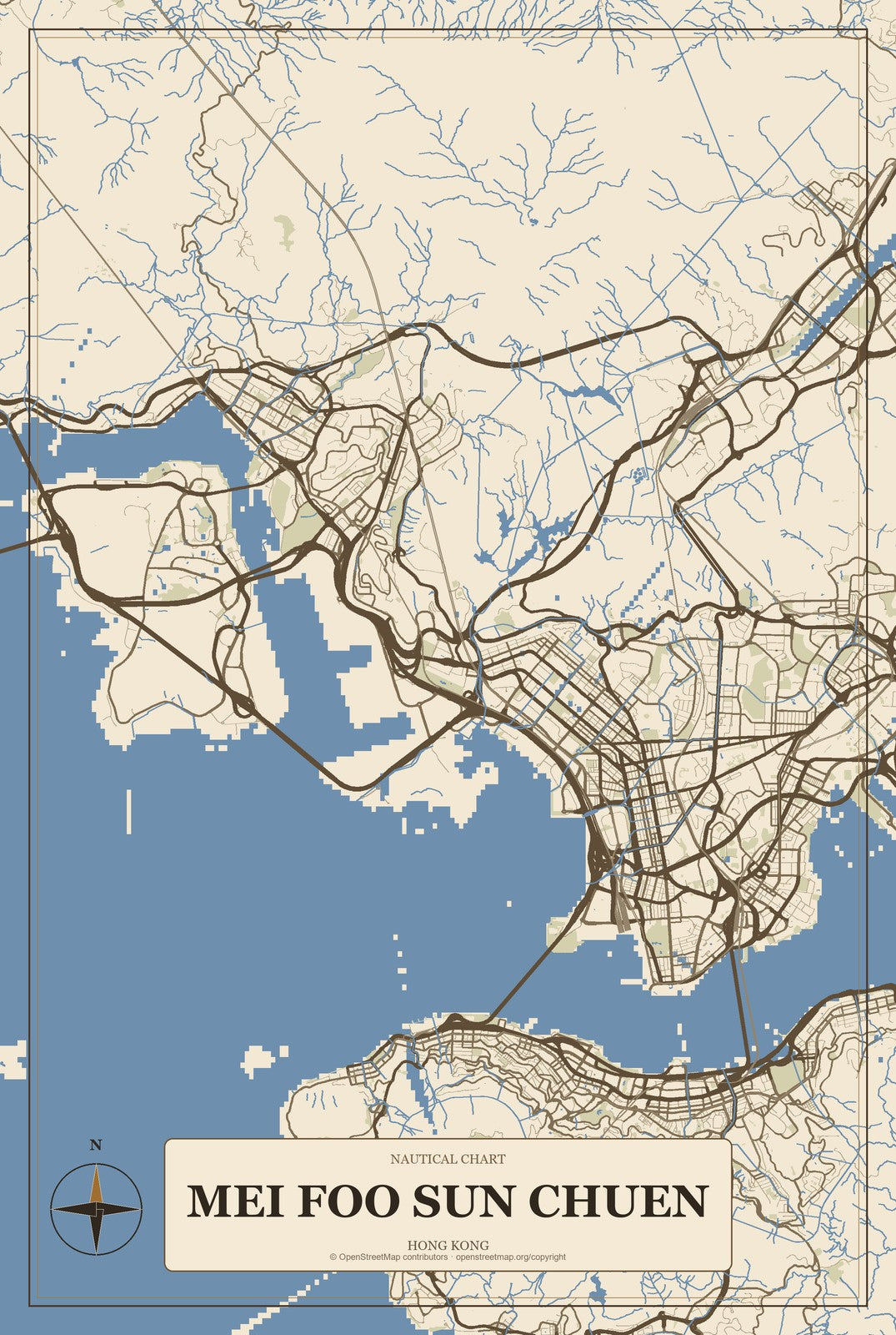 Mei Foo Sun Chuen, Hong Kong City Map Aluminum Sign in Heritage Nautical style