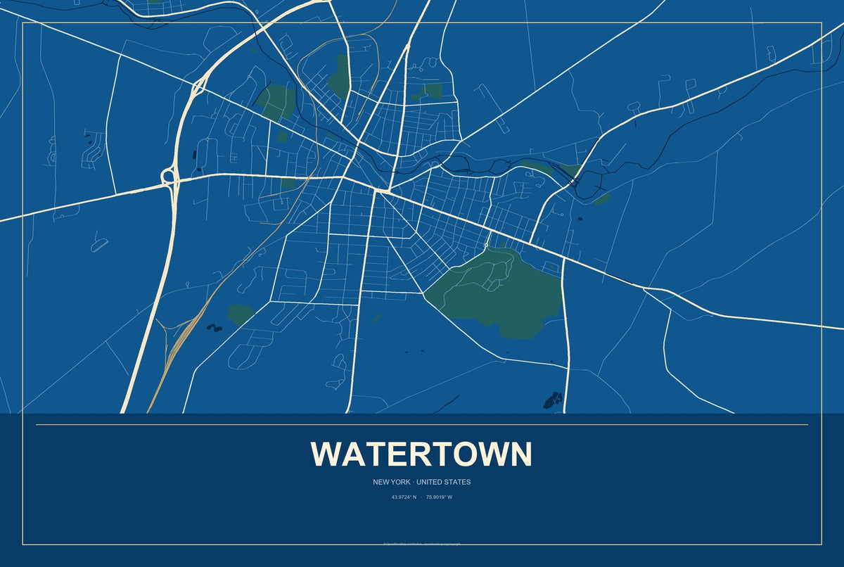 Watertown, New York City Map Aluminum Sign in Harbor Cobalt style