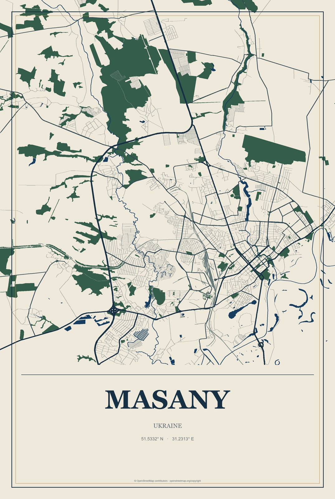 Masany, Ukraine City Map Aluminum Sign in Coastal Cutout style