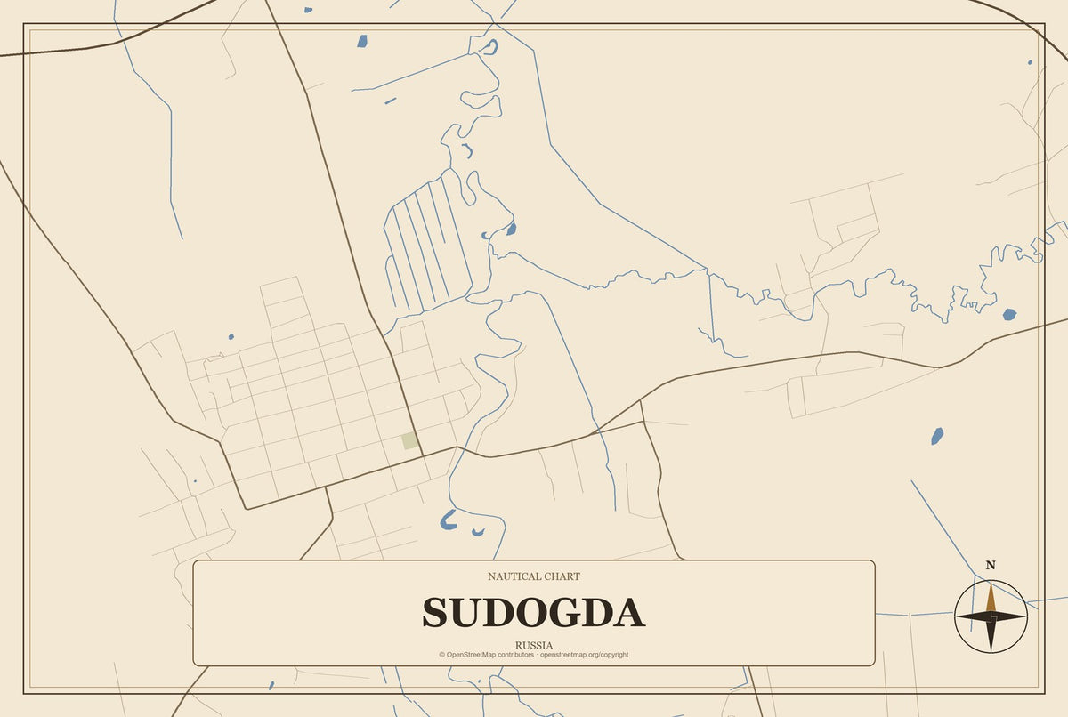 Sudogda, Russia City Map Aluminum Sign in Heritage Nautical style
