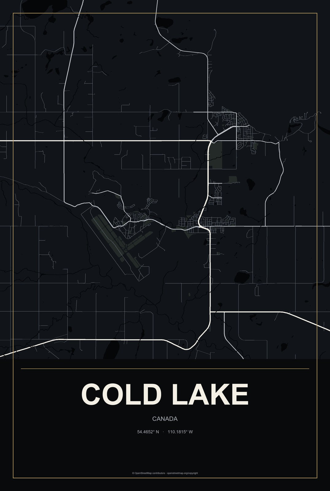 Cold Lake, Canada City Map Aluminum Sign in Metropolitan Noir style