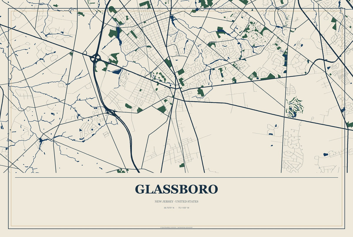 Glassboro, New Jersey City Map Aluminum Sign in Coastal Cutout style