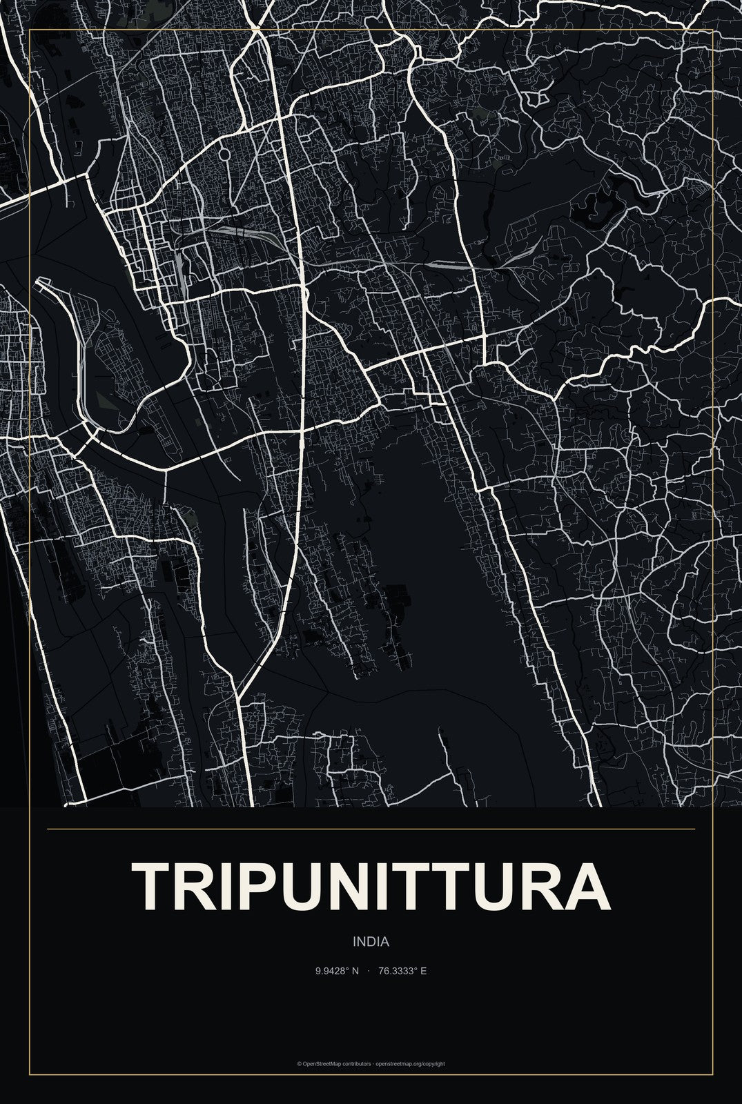 Tripunittura, India City Map Aluminum Sign in Metropolitan Noir style
