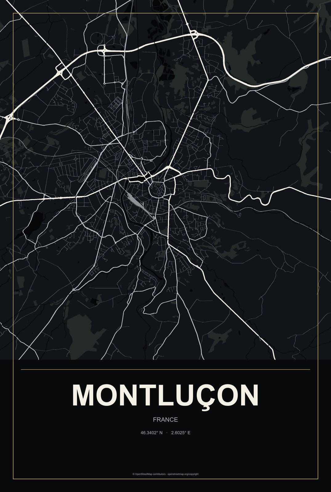 Montluçon, France City Map Aluminum Sign in Metropolitan Noir style