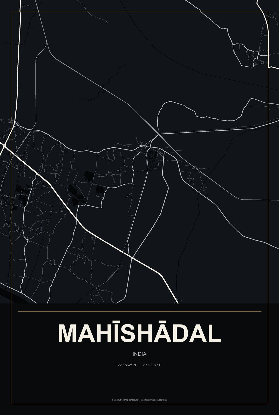 Mahīshādal, India City Map Aluminum Sign in Metropolitan Noir style