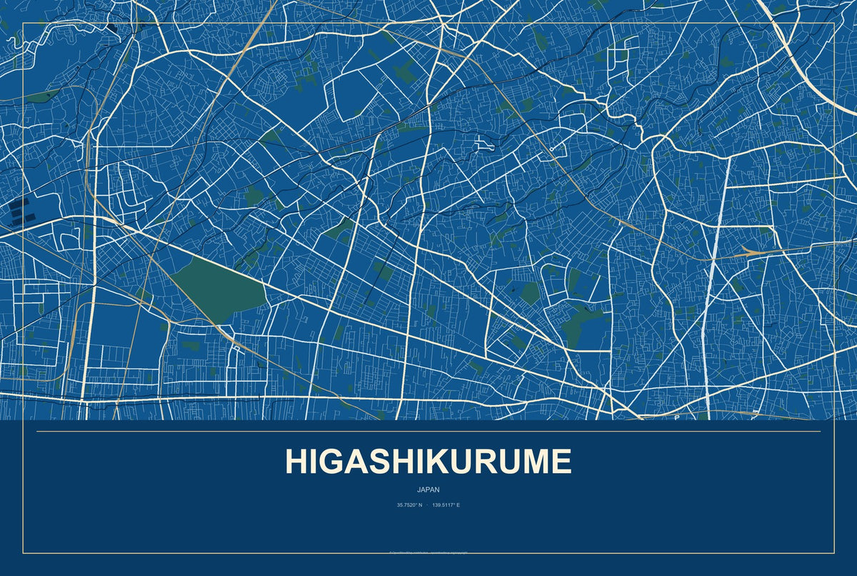Higashikurume, Japan City Map Aluminum Sign in Harbor Cobalt style