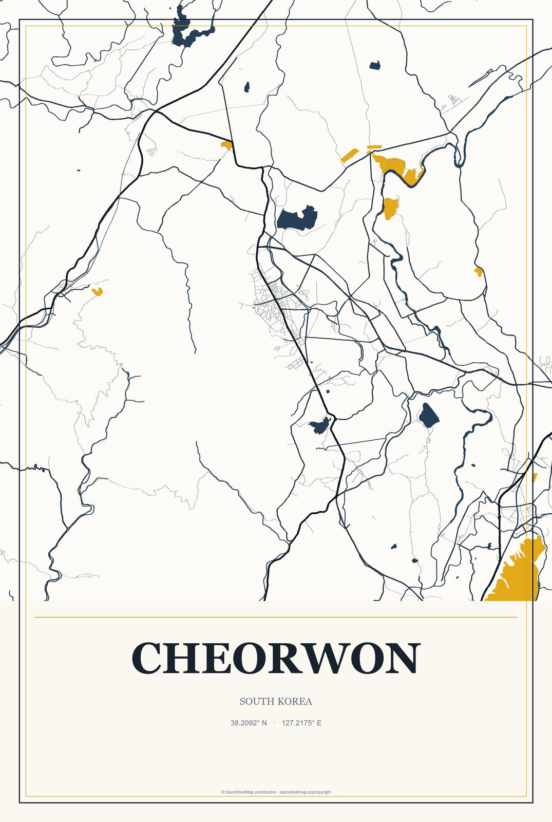 Cheorwon, South Korea City Map Aluminum Sign in Citrine Modern style