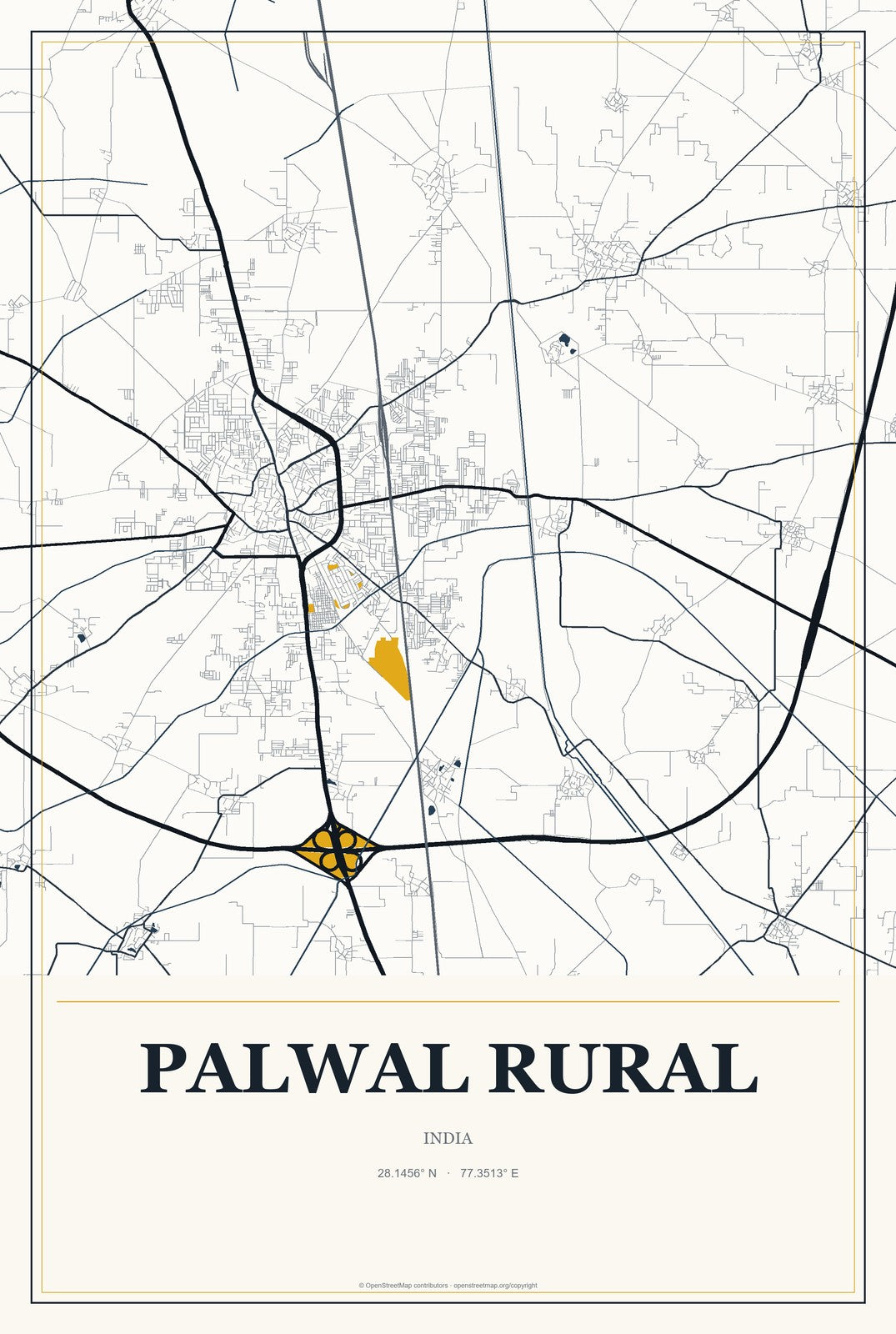 Palwal Rural, India City Map Aluminum Sign in Citrine Modern style