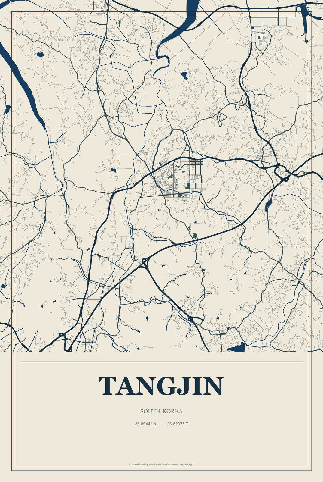Tangjin, South Korea City Map Aluminum Sign in Coastal Cutout style