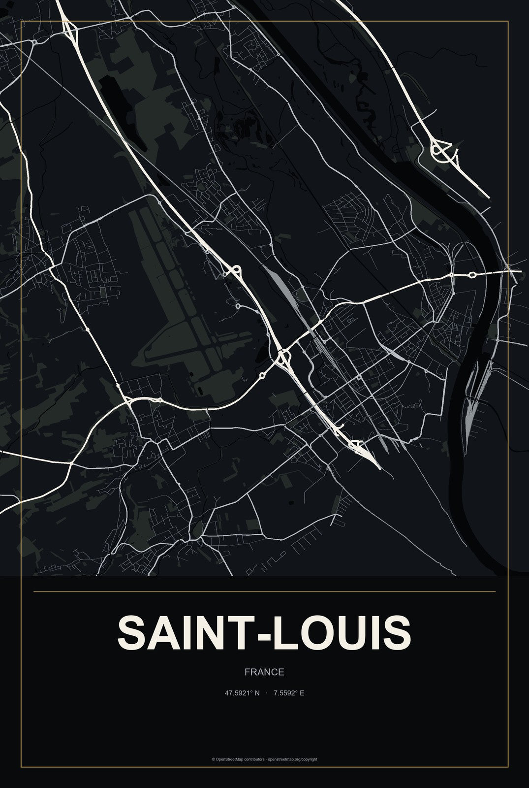 Saint-Louis, France City Map Aluminum Sign in Metropolitan Noir style