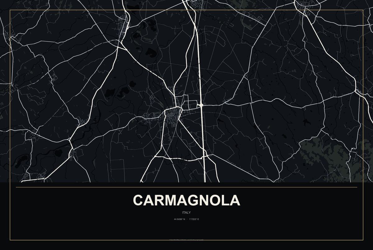 Carmagnola, Italy City Map Aluminum Sign in Metropolitan Noir style