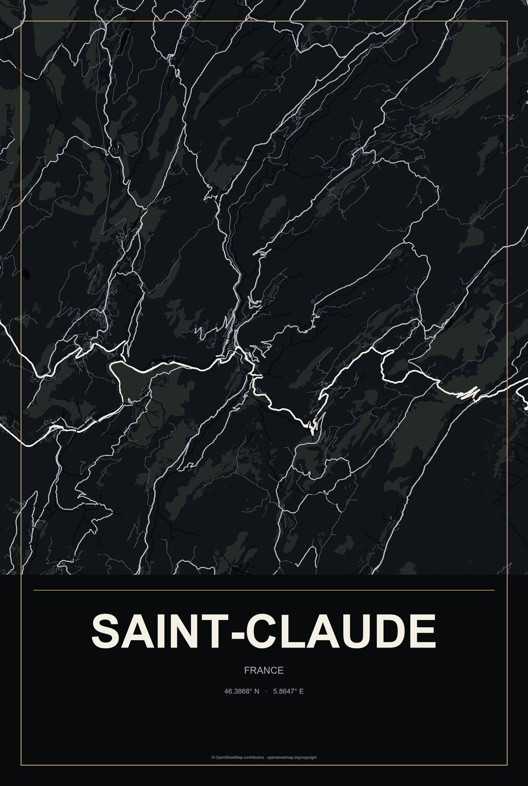 Saint-Claude, France City Map Aluminum Sign in Metropolitan Noir style
