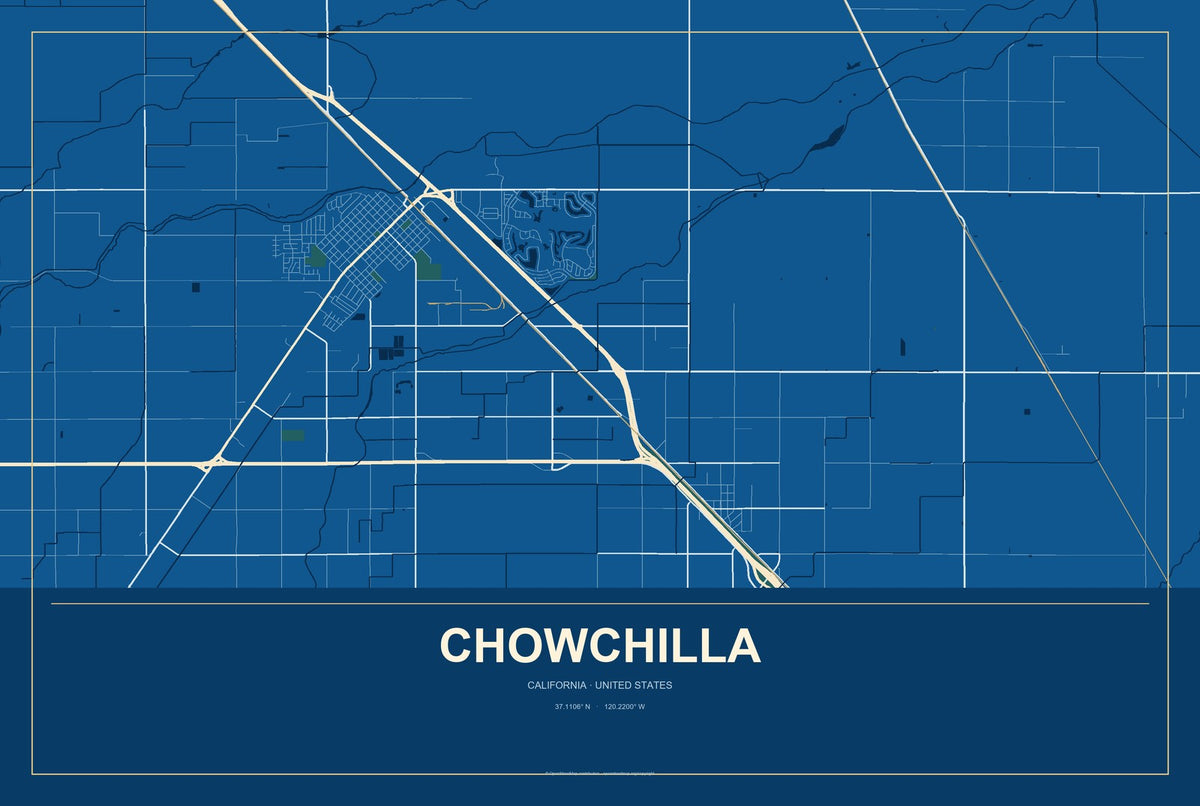 Chowchilla, California City Map Aluminum Sign in Harbor Cobalt style