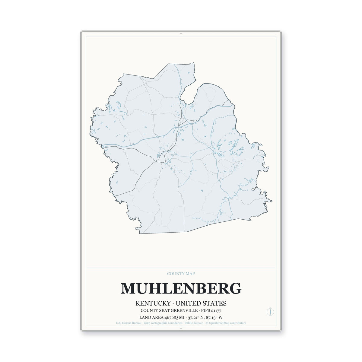 Muhlenberg County, Kentucky Map Aluminum Sign in Gallery Air style