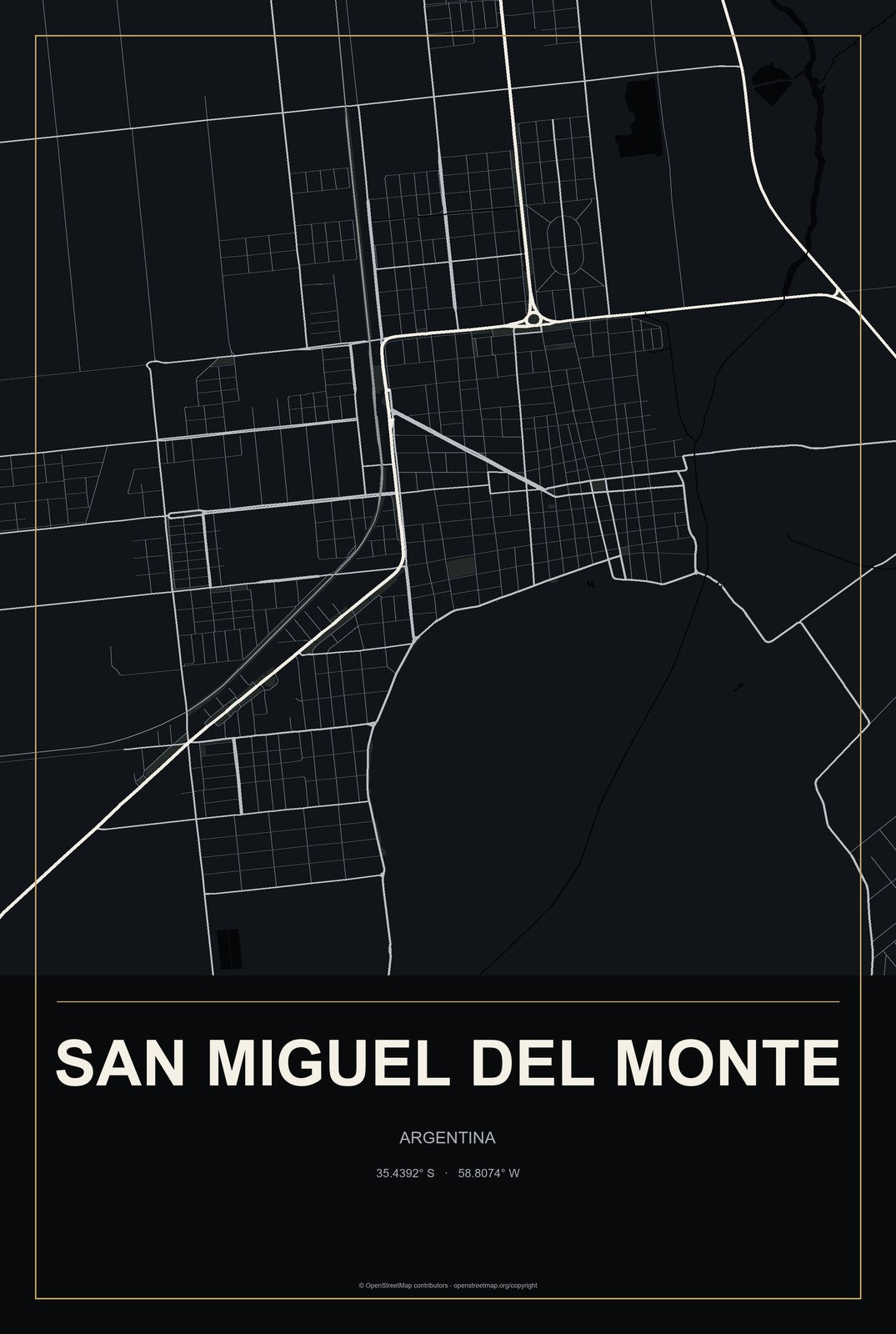 San Miguel del Monte, Argentina City Map Aluminum Sign in Metropolitan Noir style
