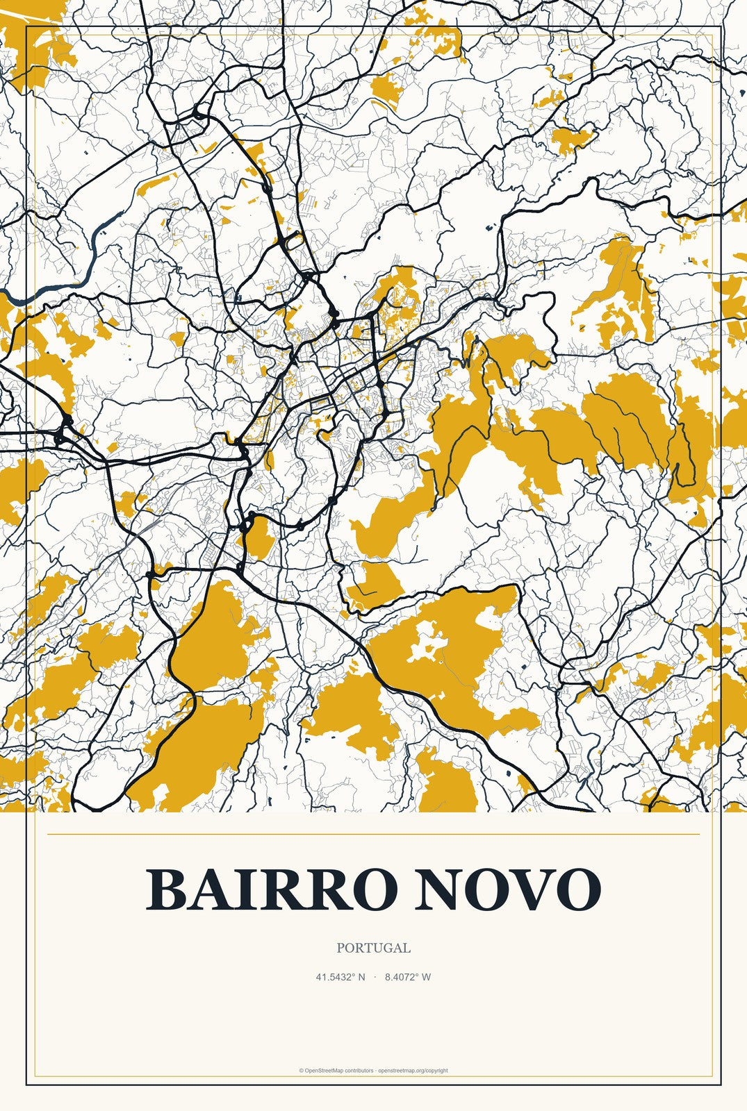 Bairro Novo, Portugal City Map Aluminum Sign in Citrine Modern style